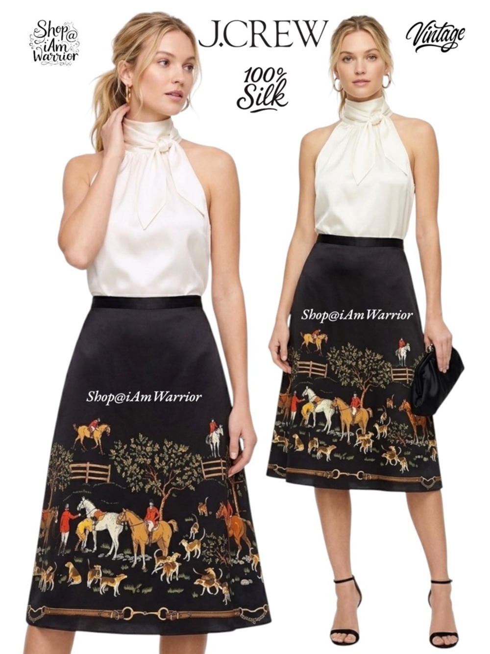 J.Crew RARE vintage equestrian horse & hound print a-line silk skirt *iamwarrior - Picture 1 of 13